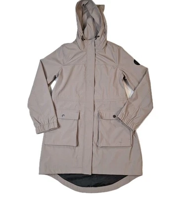 Gabardina con capucha para mujer DKNY talla pequeña caqui usada ligera cremallera y broche de presión Foto 1 de 4