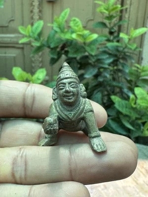 Antique Old Brass  Hand Carved God Krishna Ladu Gopal Rare Sculpture - Image 1 of 4