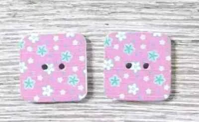 wood square sewing buttons 2 holes blue pink white 1/2 inch 2pc - Image 1 of 2