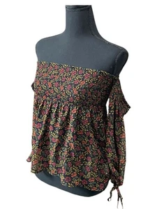 American Eagle Women’s Top XS BoHo Black Floral Off The Shoulder Smocked Lined - Picture 1 of 7
