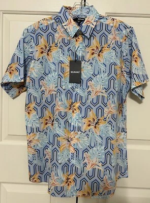 NUEVO CON ETIQUETAS Murano Talla M Azul Dorado Floral Manga Corta Camisa Abotonada Hombre Foto 1 de 4