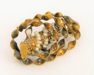 ANTIQUE BEAUTIFUL YELLOW GOLD FILLED STERLING ? SEED PEARL ORNATE TWISTED BROOCH - Picture 1 of 2