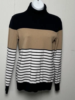Suéter Tommy Hilfiger Negro, Tostado y Blanco Rayas Mezcla Algodón Cuello Alto Talla S Foto 1 de 4