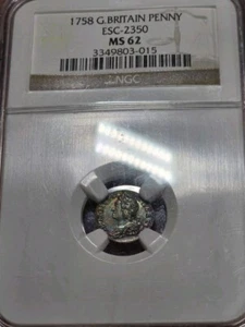 1758 Great Britain Maundy Penny Silver Coin ESC-2350 NGC MS62 Rainbow Toned - Picture 1 of 11