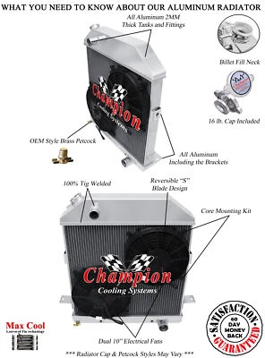 Radiador RS Champion 4 filas Chevy Config con 2 ventiladores de 12" para Ford Standard 1940 Foto 1 de 4