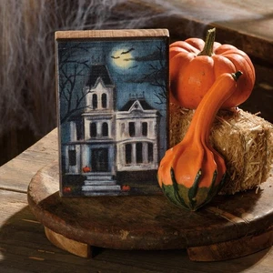 Haunted House 6" Halloween Wooden Block Sign - Picture 1 of 4