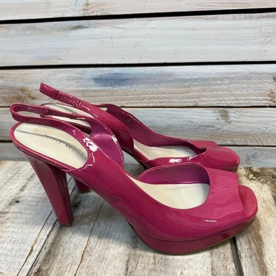 Vintage Nine West NWFurgus Fuchsia Patent Slingback Peep Toe Platform Heels 8M - Image 1 of 4