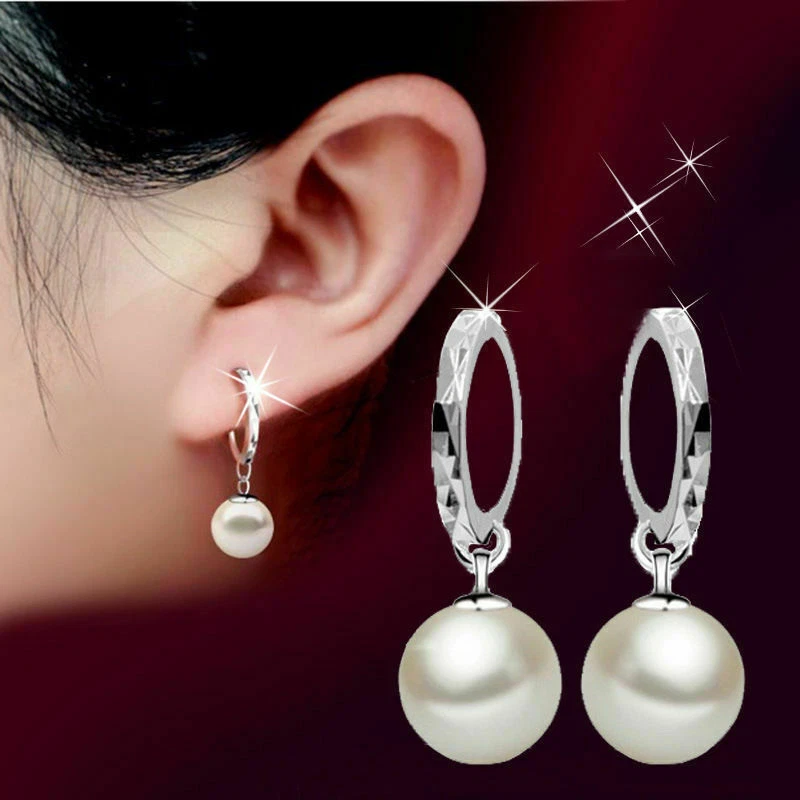 925 Sterling Silver Plated Hoop Charm Pearl Drop Dangle Earrings - image 1 of 4