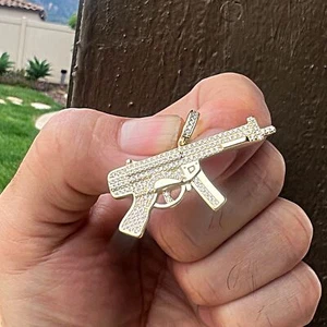 14k Gold Plated over Solid 925 Sterling Silver AK-47 Rifle Gun CZ Iced Pendant - Picture 1 of 8