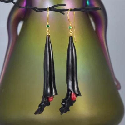 Pendientes Flor Cuerno Negro Coral Rojo Esmeralda Oro Vermeil Plata de Ley 6.44g Foto 1 de 4