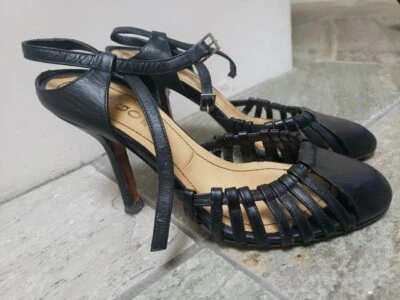 Sandalias Hugo Boss de cuero genuino suave con tiras para mujer talla 6 negras tacones de 4 pulgadas Foto 1 de 4