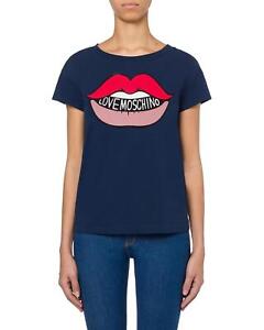 Love Moschino Navy  Graphic Lips Print Cotton T-Shirt  -  Tops  - Blue