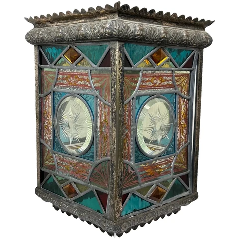 Victorian British Stained Leaded & Cut Glass Ceiling Hanging Light Cover Lantern Cover