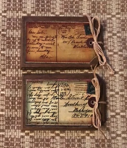 5 Handcrafted Wooden Prim & Grungy VINTAGE POSTCARD Hang tags / Ornaments SET1 - Picture 1 of 11