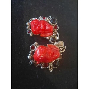 Orecchini Vintage Selro Clip on Asiatico Red Devil 3 Cabochon Scomparsi - Foto 1 di 11