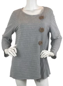 Fenini Ribbed Cotton Tunic Top Asymmetric Button Detail Pullover Gray Sz S - Picture 1 of 8