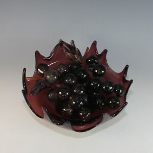 Vintage Purple Hand Blown Glass Bowl with Glass Grape Clusters Mid Century