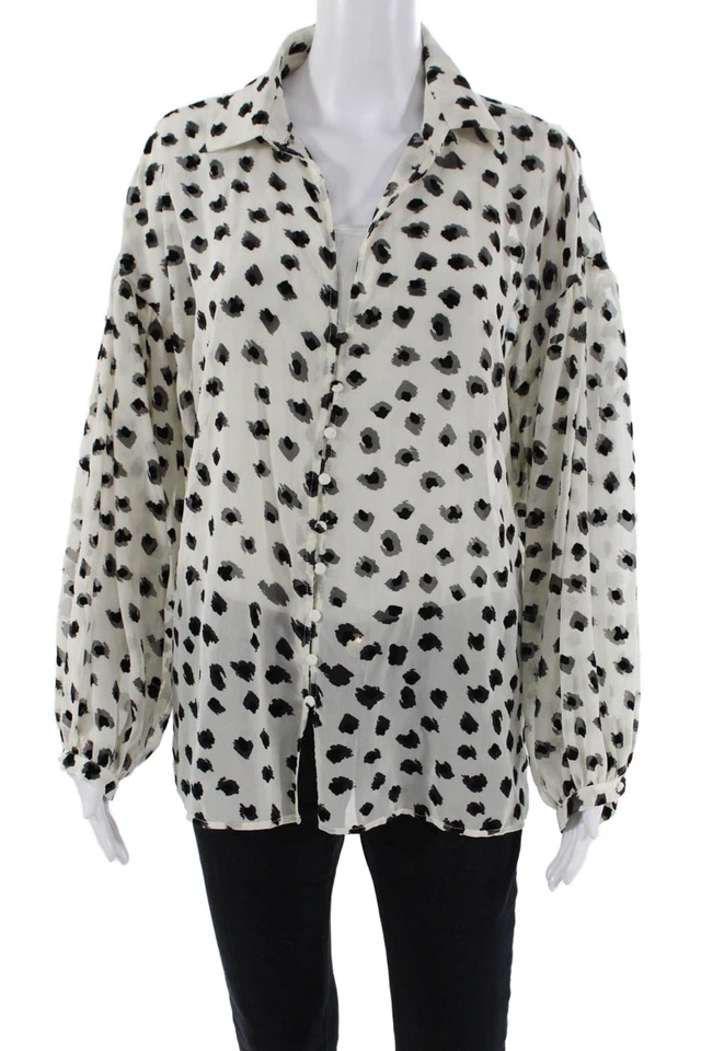 Blusa blanca manga campesina transparente con cuello estampado manchado talla L de Zara para mujer Foto 1 de 4