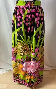 RARE Vintage 60s Mod Black DayGlo Floral Maxi Skirt Button Front W28 - M - Picture 1 of 7