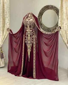 Burgundy Velvet Caftan Prom Dresses With cape veil Gold Applique Lace Muslim - Picture 1 of 6