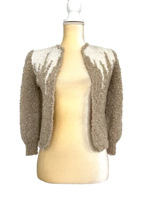 ADELE JOYCE Petites Vtg Women's Tan Ivory Wool Blend Open Front Jacket Sweater S - Image 1 of 4