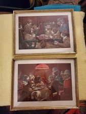 Lot of 2 Vintage Coolidge Litho Print Dogs Playing Poker Pinched With Four Aces 