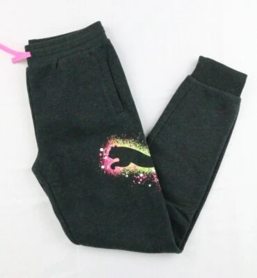 PUMA Youth Fleece Joggers Girls Gray White Color Size L (14-16) Graphic Tapered - Image 1 of 4