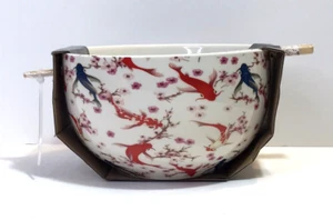Medici 26 Oz Sakura Koi Ceramic Ramen Noodle Soup Bowl with Printed Chopsticks - Picture 1 of 8