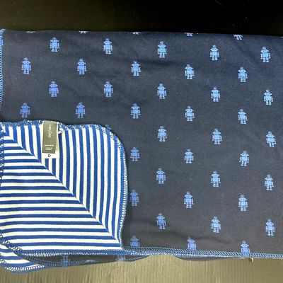 Baby Gap Blue Robots Stripes Cotton Jersey Blanket 2014 Reversible 2 Layer Lovey - Image 1 of 4