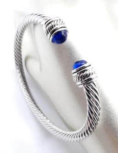 GORGEOUS Silver Plated Royal Blue Bead End Tips Twisting Cable Cuff Bracelet - Picture 1 of 7