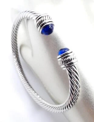 GORGEOUS Silver Plated Royal Blue Bead End Tips Twisting Cable Cuff Bracelet - Image 1 of 4