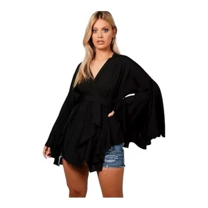 Boohoo Plus Extreme Sleeve Wrap Front Tie Flowy Top Size 12 - Picture 1 of 14