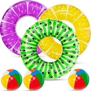 6 Pack Inflatable Kids Pool Floats & Beach Balls: Kiwi, Pineapple, Grape Pool - Picture 1 of 12