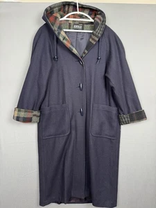 Vintage Jofeld Long Wool Overcoat Womens 44 XL Navy Blue Plaid Trim Hooded 80s - Picture 1 of 12