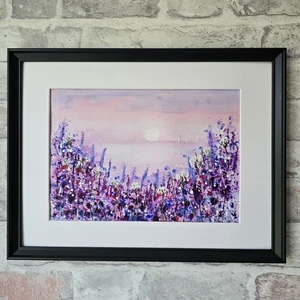 Original Wildflowers Coastal Landscape Watercolour Painting Floral Boats Framed - Picture 1 of 19