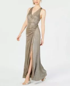 ADRIANNA PAPELL 14 Women Silver Ruched Slitted V Neck Maxi Evening Dress Stretch - Picture 1 of 8