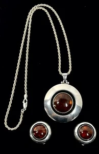 N. E. From Denmark Sterling Silver Amber Pendant Necklace & Clip Earrings Set - Picture 1 of 24