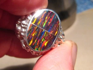 LARGE Men' s  Lab Created Opal Ring ,sterling silver BARONG  RING , Size 10 1/4 - Picture 1 of 14