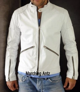 New Soft White Lambskin Motorcycle biker Genuine Leather Jacket Cafe Racer WLZP - Picture 1 of 4