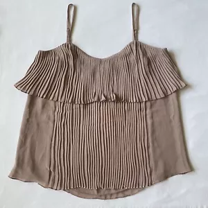 NEW Sanctuary Top L Mauve Greige Pleated Tiered Ruffle Chiffon Spaghetti Adjust - Picture 1 of 21
