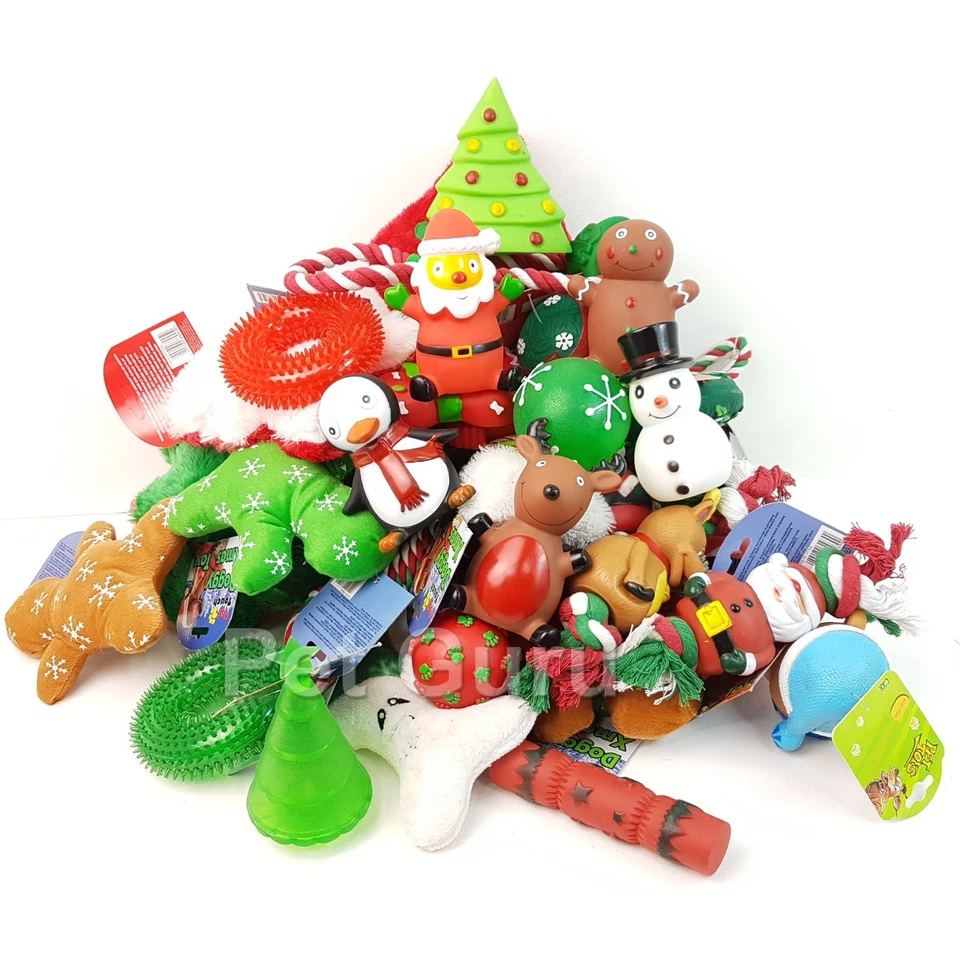 BULK PACK CHRISTMAS ASSORTED PET DOG SQUEAKY BALL ROPE RUBBER FETCH TOYS