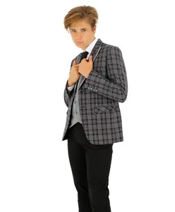 Jungen karierter karierter Anzug schwarz grau schmale Passform Seite Junge Hochzeit formell 3-teiliges Set - Bild 1 von 9