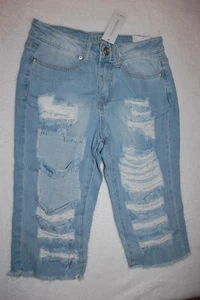 Womens Bermuda Jean Shorts LT BLUE DENIM High Rise DESTROYED Rips Frays SIZE 2 - Picture 1 of 2