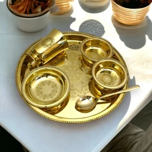 6-Piece Brass Thali Dinner Set | Plate, Bowls, Glass, Spoon, Dessert Plate - Picture 1 of 4