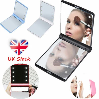 Make-up Kosmetik Klappspiegel 8 LED Leuchten mit Batterien Kompakt Taschenlampe UK