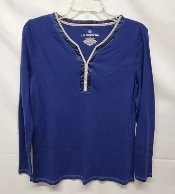 Top para dormir Liz Claiborne azul marino gamuza y botones cuello en V manga larga para mujer S Foto 1 de 4