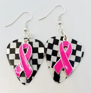 Hot Pink Ribbon Charm Guitar Pick Earrings with Surgical Steel Earwires - Picture 1 of 11