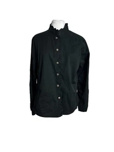 Chicos Black Button Front Light Black Jacket Size Large Ruffle Collar Womens - Picture 1 of 5