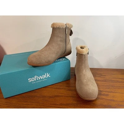 Suede Ankle Boots Faux Fur Trim Softwalk Womens 6.5 Helena Stone Zip Comfort Tan - Image 1 of 4