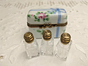 Limoges Peint Main France Porcelain Floral Trinket Box W/ 3 Perfume Bottles - Picture 1 of 12